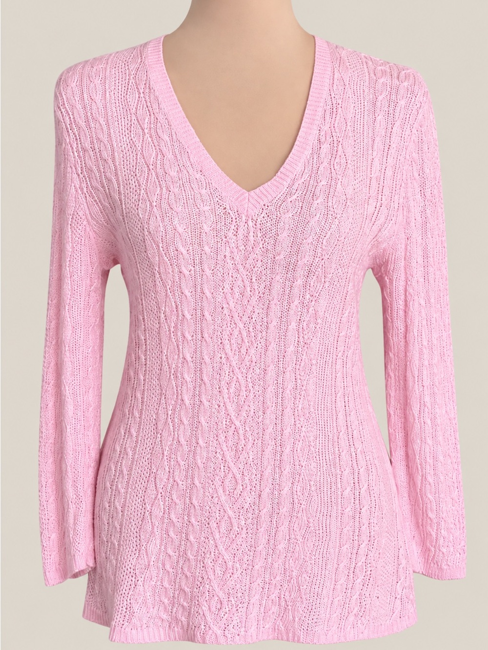 Lauren Ralph Lauren Pink Linen Cable Knit V Neck Sweater M